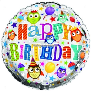 "Happy birthday" rund flerfärgad folieballong med ugglor till födelsedagen - 46 cm