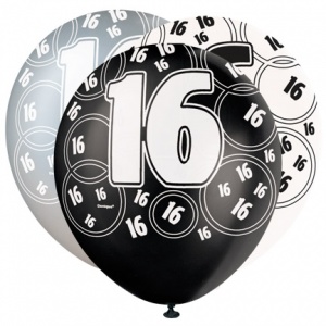 16-års födelsedagsballonger - svarta & silver - 30 cm latex - 6 st