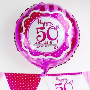 Rund rosa folieballong "Happy 50th birthday" - 46 cm