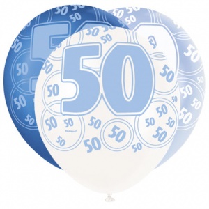 50-års födelsedagsballonger - blå och vit - 30 cm latex - 6 st